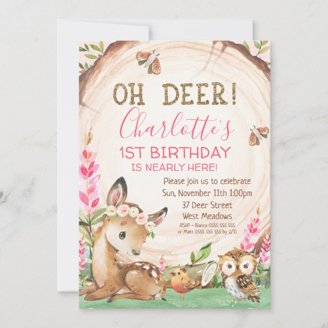 Invitation Fleur de tranche de bois Oh Deer Girls Anniversair (Devant)