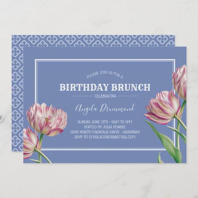 Invitation Fleur de tulipe Anniversaire Brunch Violet (Devant / Derrière)