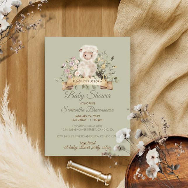 Invitation Fleur de Vert Sauge Mouton Agneau Mignon (Créateur téléchargé)