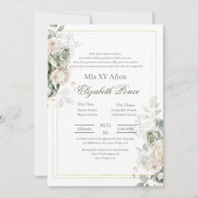 Invitation Fleur de vert sauge Quinceanera (Devant)
