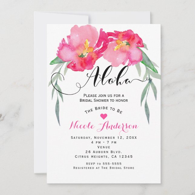 Invitation Fleur de vigne verte tropicale rose, fête Aloha (Devant)