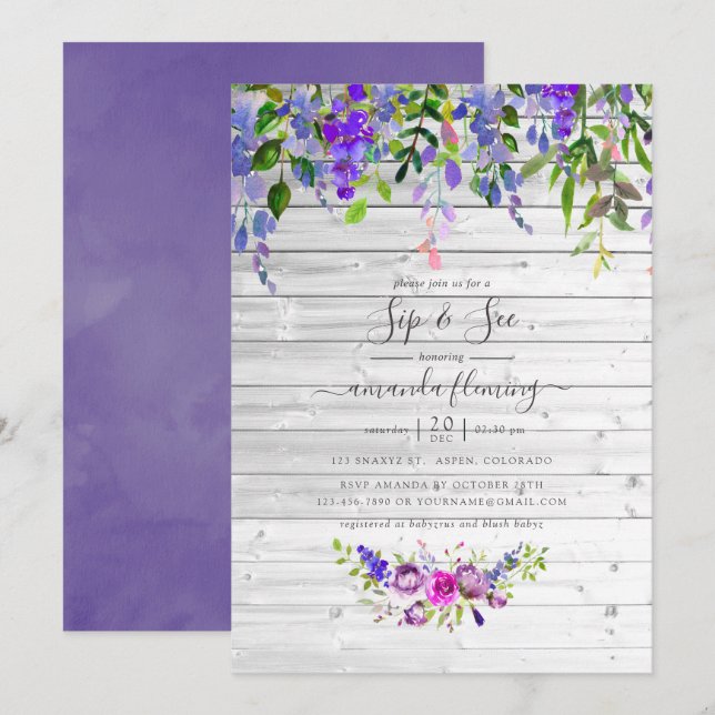 Invitation Fleur de violette aquarelle rustique Sip and See (Devant / Derrière)