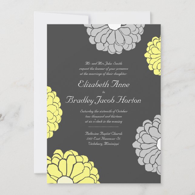 Invitation Fleur de Zinnia gris et jaune (Devant)