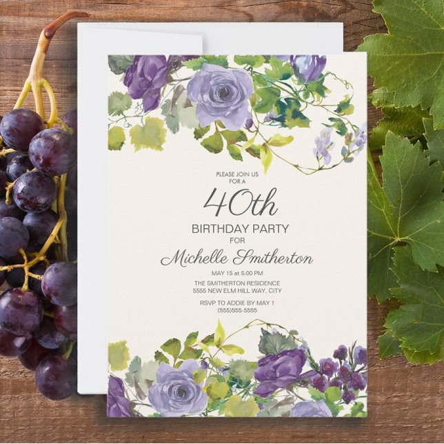 Invitation Fleur d'eau élégante violette 40e anniversaire (Elegant purple watercolor floral 40th birthday party invitation for women)