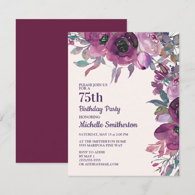 Invitation Fleur d'eau élégante violette pour 75e anniversair (Devant / Derrière)
