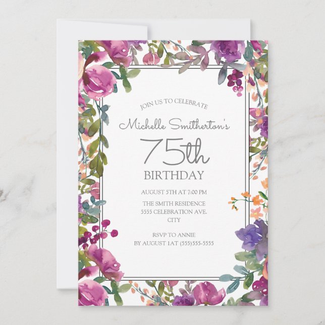 Invitation Fleur d'eau élégante violette pour 75e anniversair (Devant)