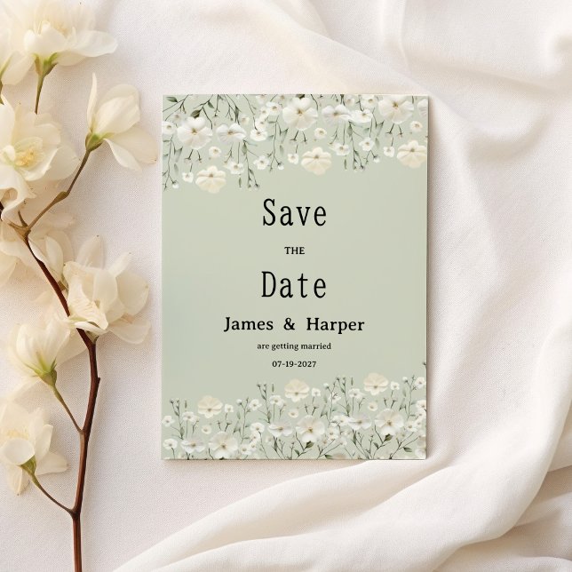 Invitation Fleur délicate de menthe d'ivoire botanique Enregi (Botanical ivory mint delicate flora Save the Date)