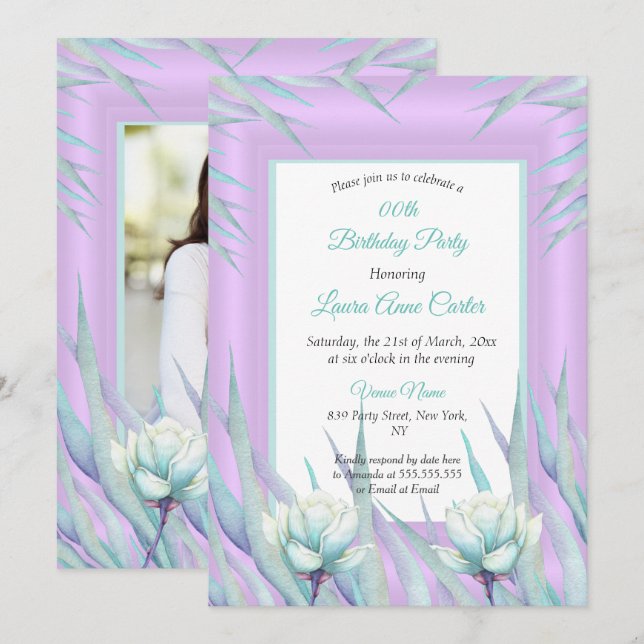 Invitation Fleur délicate sarcelle violet photo anniversaire (Devant / Derrière)