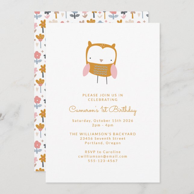 Invitation Fleur d'hibou rose moderne Simple 1er anniversaire (Devant / Derrière)
