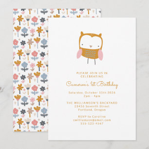 Invitation Fleur d'hibou rose moderne Simple 1er anniversaire