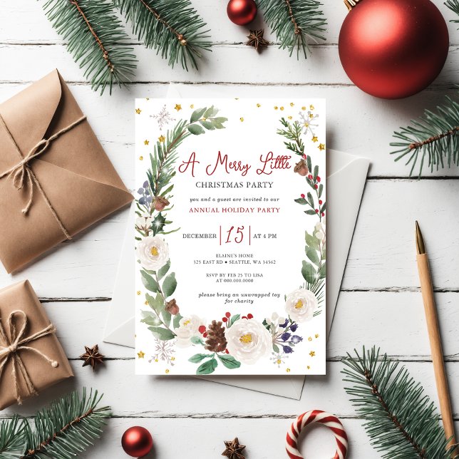 Invitation Fleur d'hiver Joyeux petit Noël fête (Winter Floral Merry Little Christmas Party Invitation)