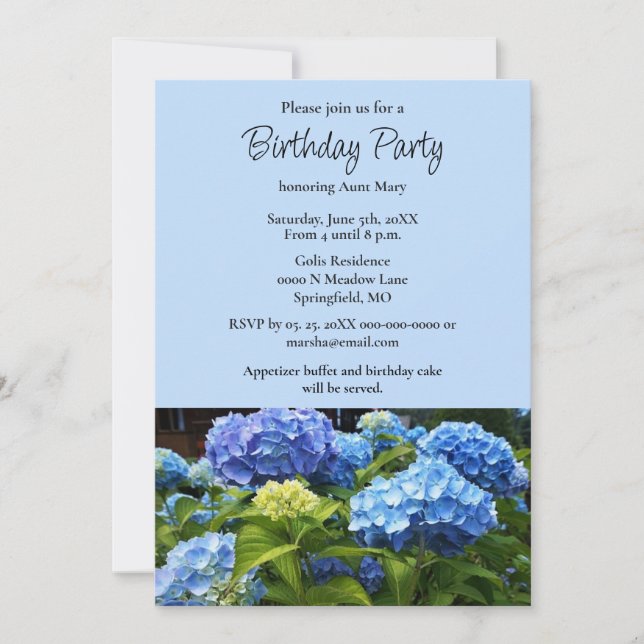 Invitation Fleur d'hortensia bleue de fête d'anniversaire (Devant)
