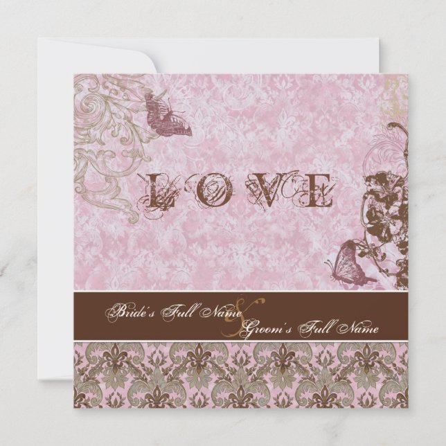 Invitation Fleur di Lys Damask Pink Brown Papillon Mariage (Devant)