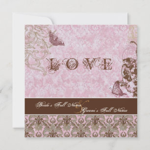 Invitation Fleur di Lys Damask Pink Brown Papillon Mariage