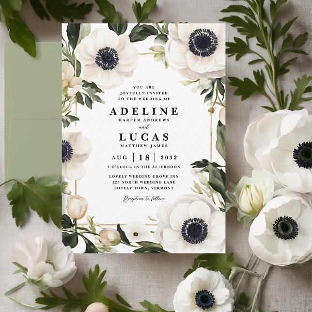 Invitation Fleur d'ivoire noir et blanc Anémone Mariage flora (White anemone flower wedding invitation, elegant botanic black and white ivory floral wedding invite)