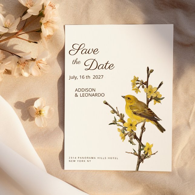 Invitation Fleur d'oiseau jaune botanique été Enregistrer la  (Botanic yellow bird flower summer Save the Date)