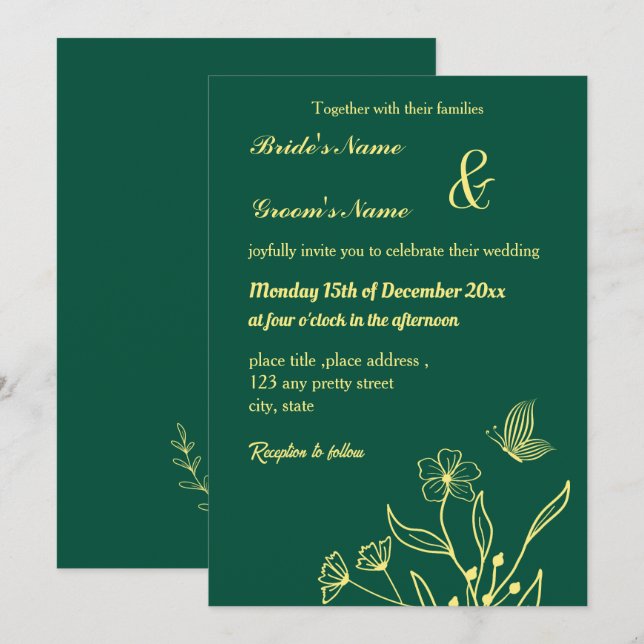 Invitation Fleur d'or élégante romantique vert émeraude (Devant / Derrière)