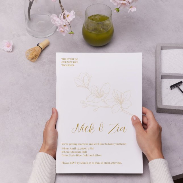 Invitation Fleur d'or lunaire blanc minimal (Gold Flower Minimal White Wedding Invitation)