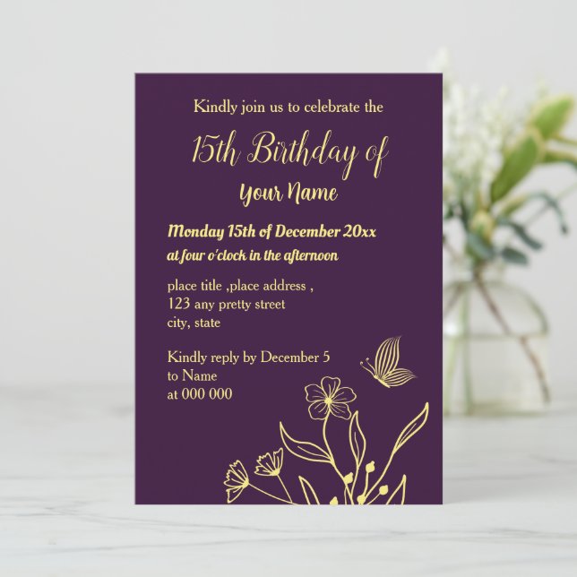 Invitation Fleur d'or simple violet anniversaire (Debout devant)