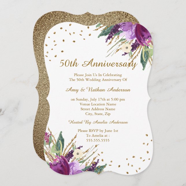 Invitation Fleur d'or violette aquarelle 50e anniversaire (Devant / Derrière)