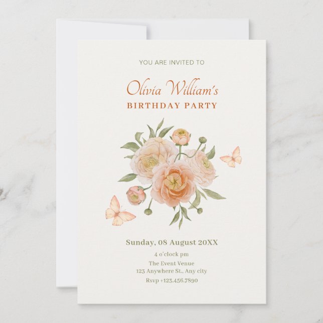 Invitation Fleur d'oranger crème anniversaire papillon (Devant)