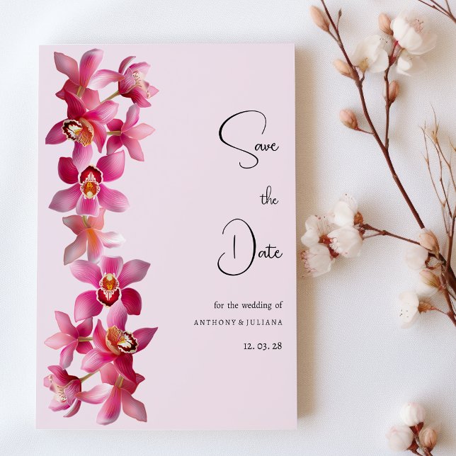 Invitation Fleur d'orchidées bordeaux rose botanique Enregist (Botanic pink burgundy orchids flower Save the Date )