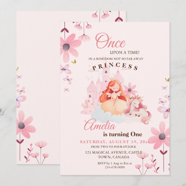 Invitation Fleur du Château de la Petite Princesse Anniversai (Devant / Derrière)