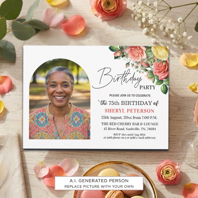 Invitation Fleur Élégante avec Photo Fête des 75 Ans (Créateur téléchargé)