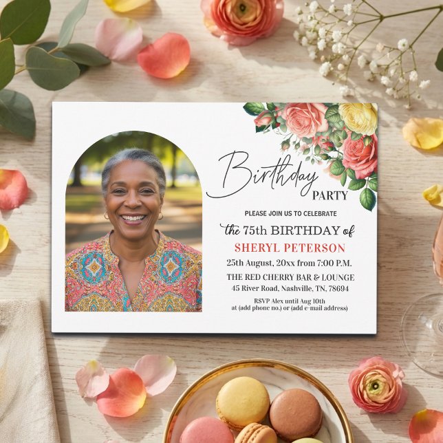 Invitation Fleur Élégante avec Photo Fête des 75 Ans (Créateur téléchargé)