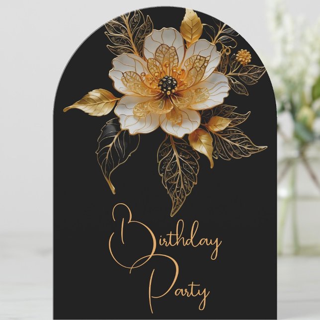 Invitation Fleur élégante d'anniversaire orange or noir (Créateur téléchargé)