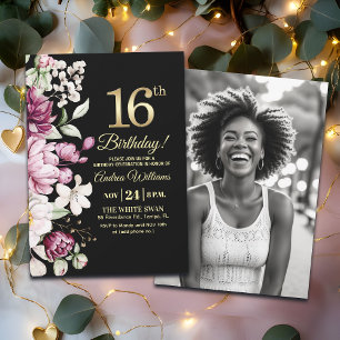 Invitation Fleur Élégante Or 16 Photo Anniversaire