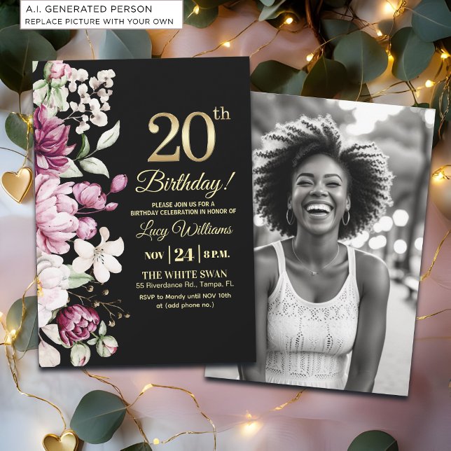 Invitation Fleur Élégante Or 20 Anniversaire Photo (Créateur téléchargé)