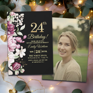 Invitation Fleur Élégante Or 24 Anniversaire Photo