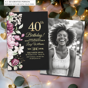 Invitation Fleur Élégante Or 40 Anniversaire Photo