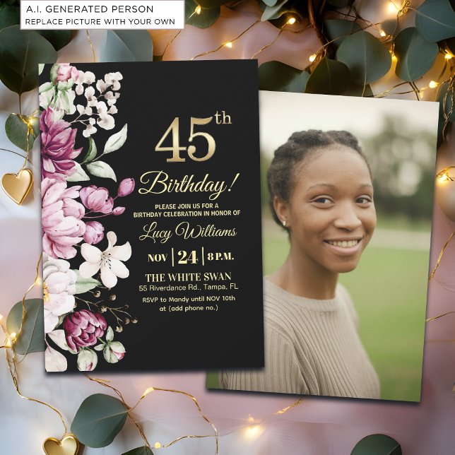 Invitation Fleur Élégante Or 45 Anniversaire Photo (Créateur téléchargé)