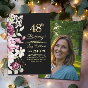 Invitation Fleur Élégante Or 48 Anniversaire Photo