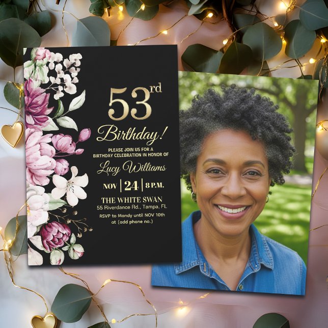 Invitation Fleur Élégante Or 53 Anniversaire Photo (Créateur téléchargé)
