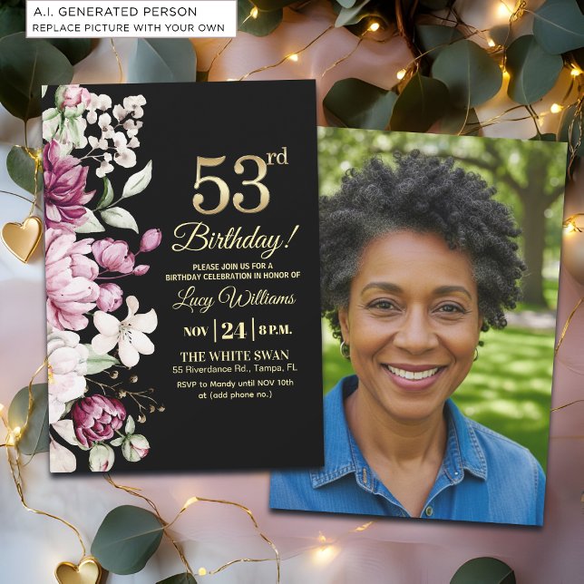 Invitation Fleur Élégante Or 53 Anniversaire Photo (Créateur téléchargé)