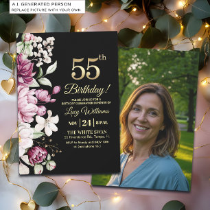 Invitation Fleur Élégante Or 55 Anniversaire Photo