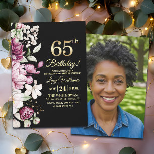 Invitation Fleur Élégante Or 65 Anniversaire Photo