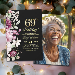 Invitation Fleur Élégante Or 69 Photo Anniversaire