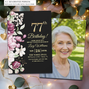 Invitation Fleur Élégante Or 77 Photo d'anniversaire