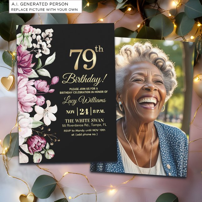 Invitation Fleur Élégante Or 79 Photo Anniversaire (Créateur téléchargé)