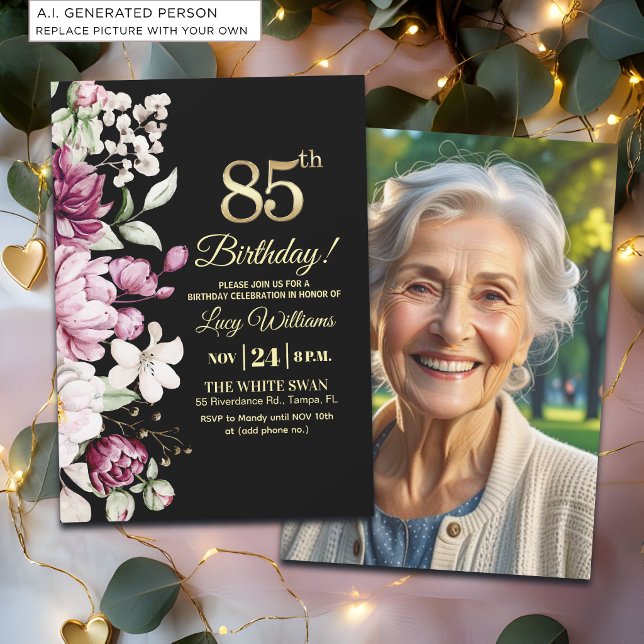 Invitation Fleur Élégante Or 85 Photo Anniversaire (Créateur téléchargé)