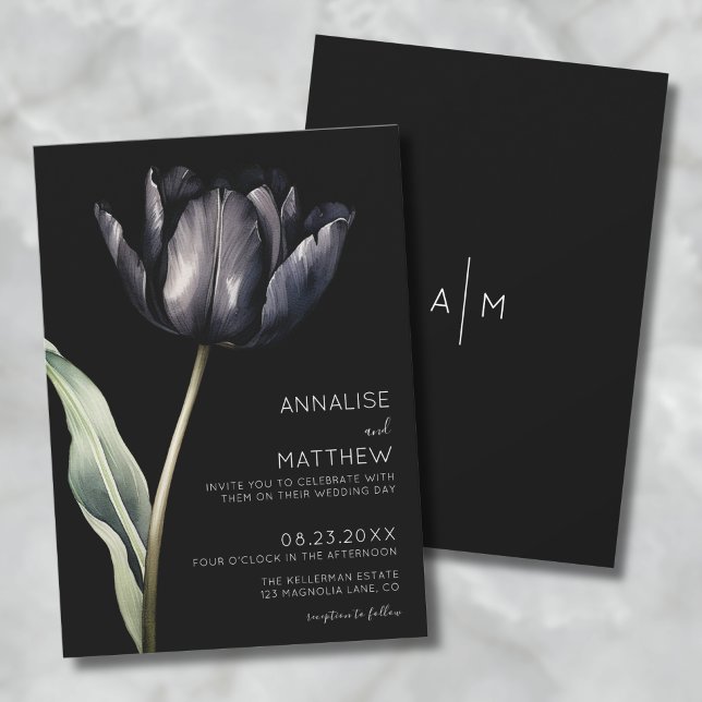 Invitation Fleur Élégante Simple Moderne Noire (Flower Simple Elegant Modern Black Wedding Invitation )