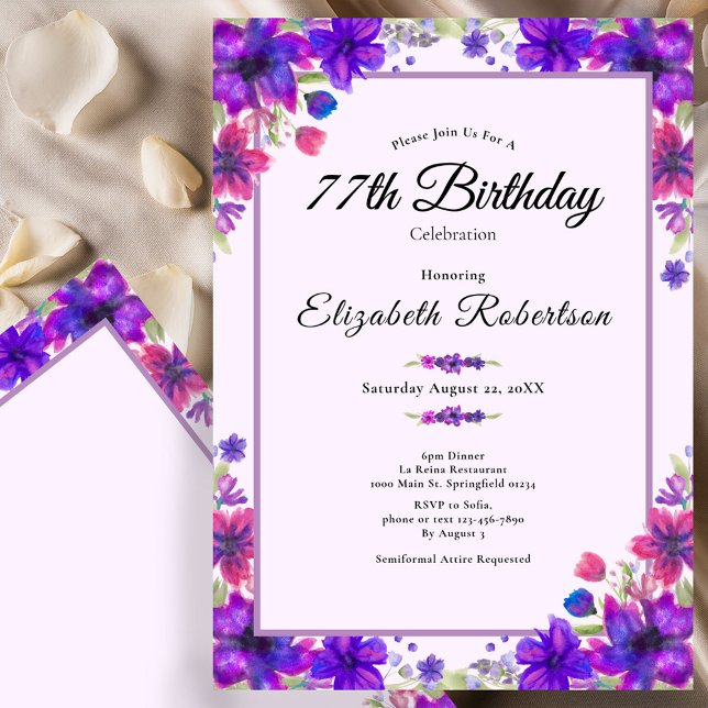 Invitation Fleur Élégante Violette 77e Anniversaire  (Créateur téléchargé)