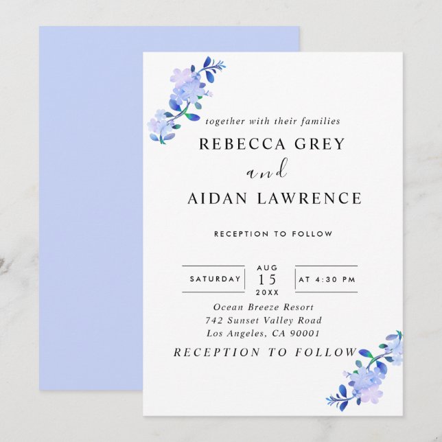 Invitation fleur et feuilles de style aquarelle bleu poussiér (Devant / Derrière)