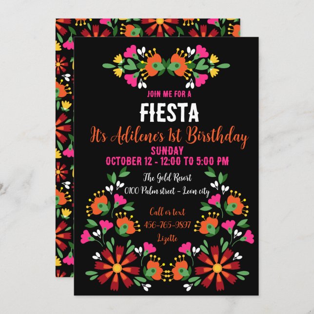 Invitation Fleur ethnique brillante Fiesta Mexicaine Broderie (Devant / Derrière)