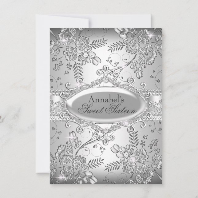 Invitation Fleur Étincelle d'Argent pour Sweet 16 (Devant)