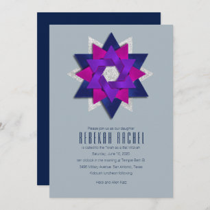 Invitation Fleur étoile bat mitzvah violet rose